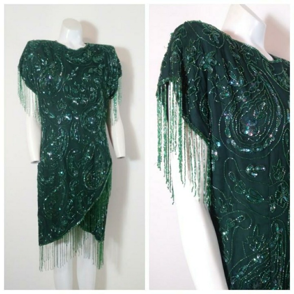 Vintage Dresses & Skirts - ❄️ Vintage bead flapper fringe silk emerald dress